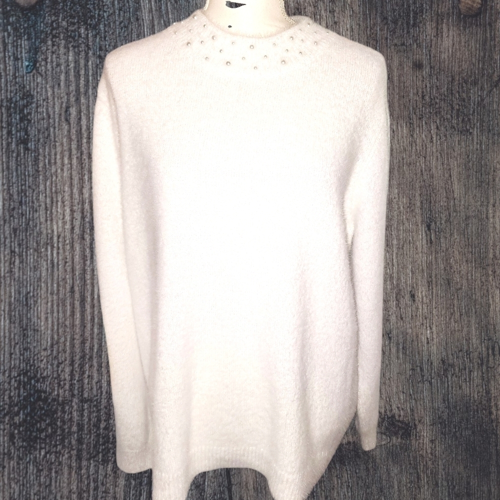 ELLE  Winter White Pearl Mock Neck Sweater